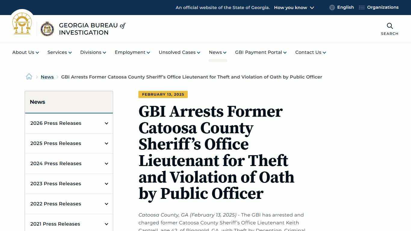 GBI Arrests Former Catoosa County Sheriff’s Office Lieutenant for Theft and Violation of Oath by Public Officer | Georgia Bureau of Investigation