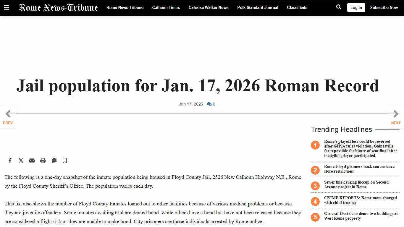 Jail population for Jan. 17, 2026 Roman Record | | northwestgeorgianews.com